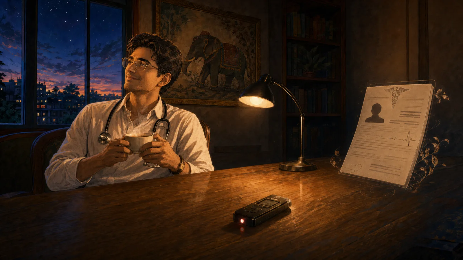 A doctor smiling over a cup of coffee at his desk in warm evening lamplight, his dictation recorder resting beside a finished medical record